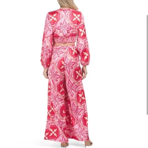 Caroline Constas two-piece set printed long sleeve cropped top & wide leg pants